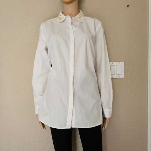Ann Taylor Women’s White Beaded Cotton Long Sleeve Blouse Size 10 - Picture 1 of 9